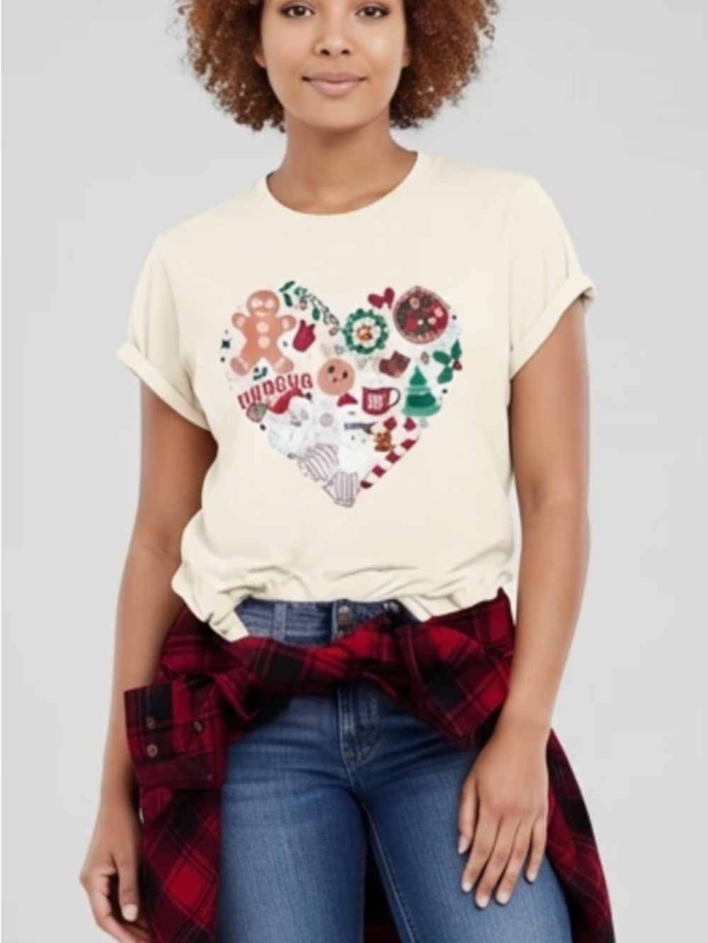 Cream Short Sleeve Graphic Heart Holiday Tee